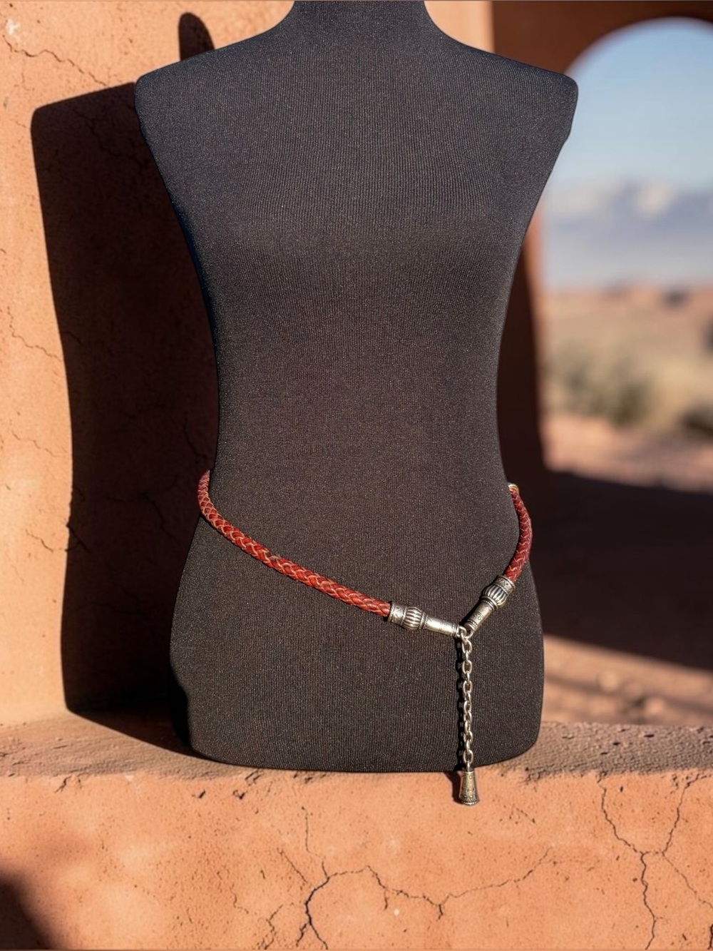 VINTAGE BRAIDED LEATHER CHAIN BELT – SILVER METAL – 34–36 INCH WAIST